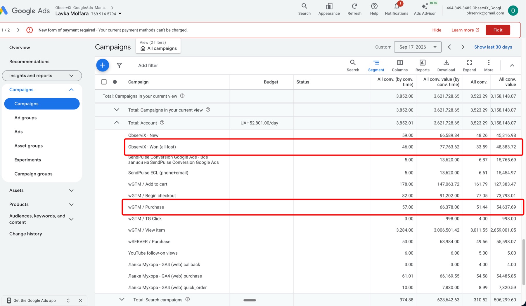 Google Ads, Четвер 17.09: сегмент Conversion action