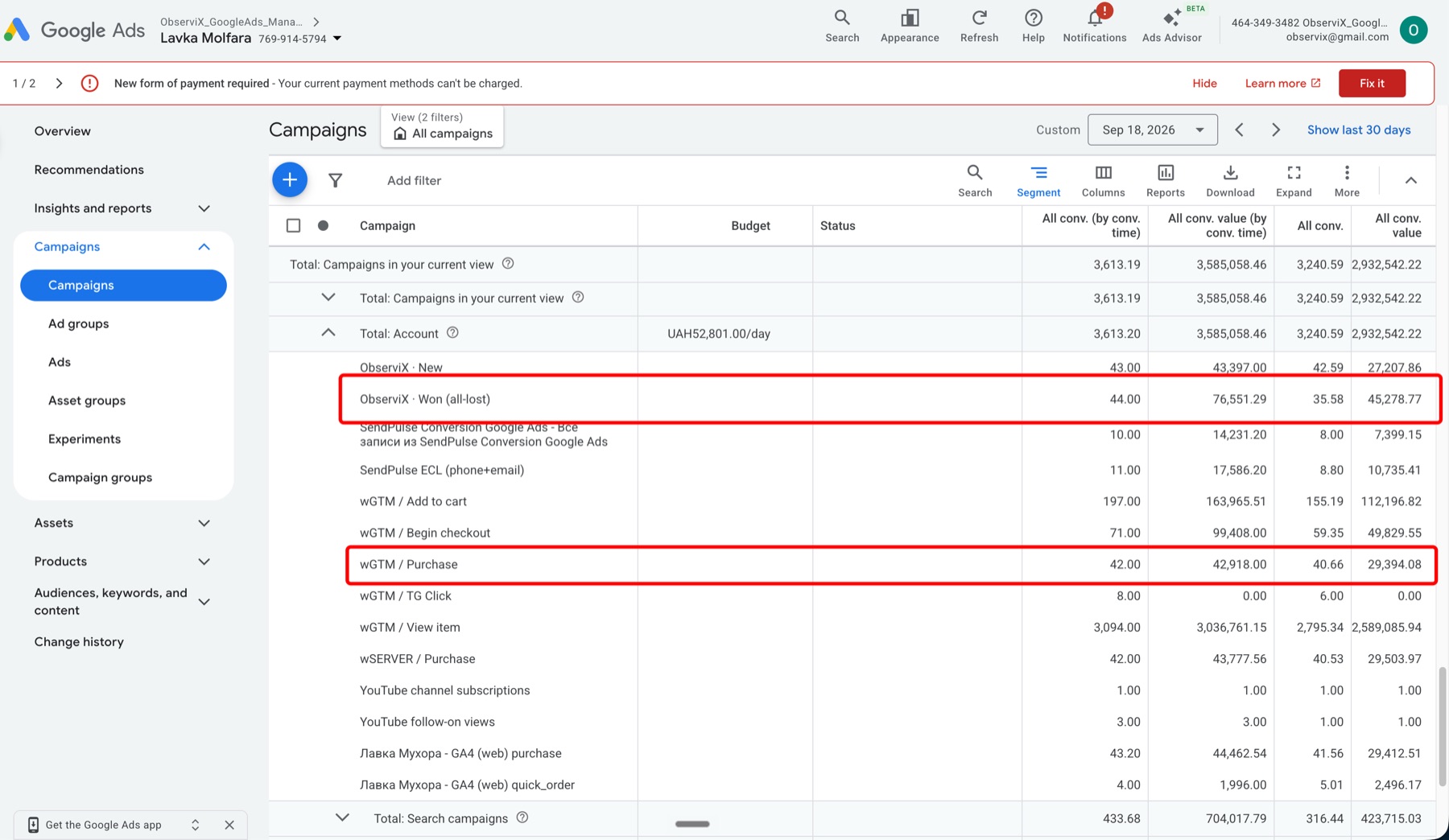 Google Ads, П'ятниця 18.09: сегмент Conversion action