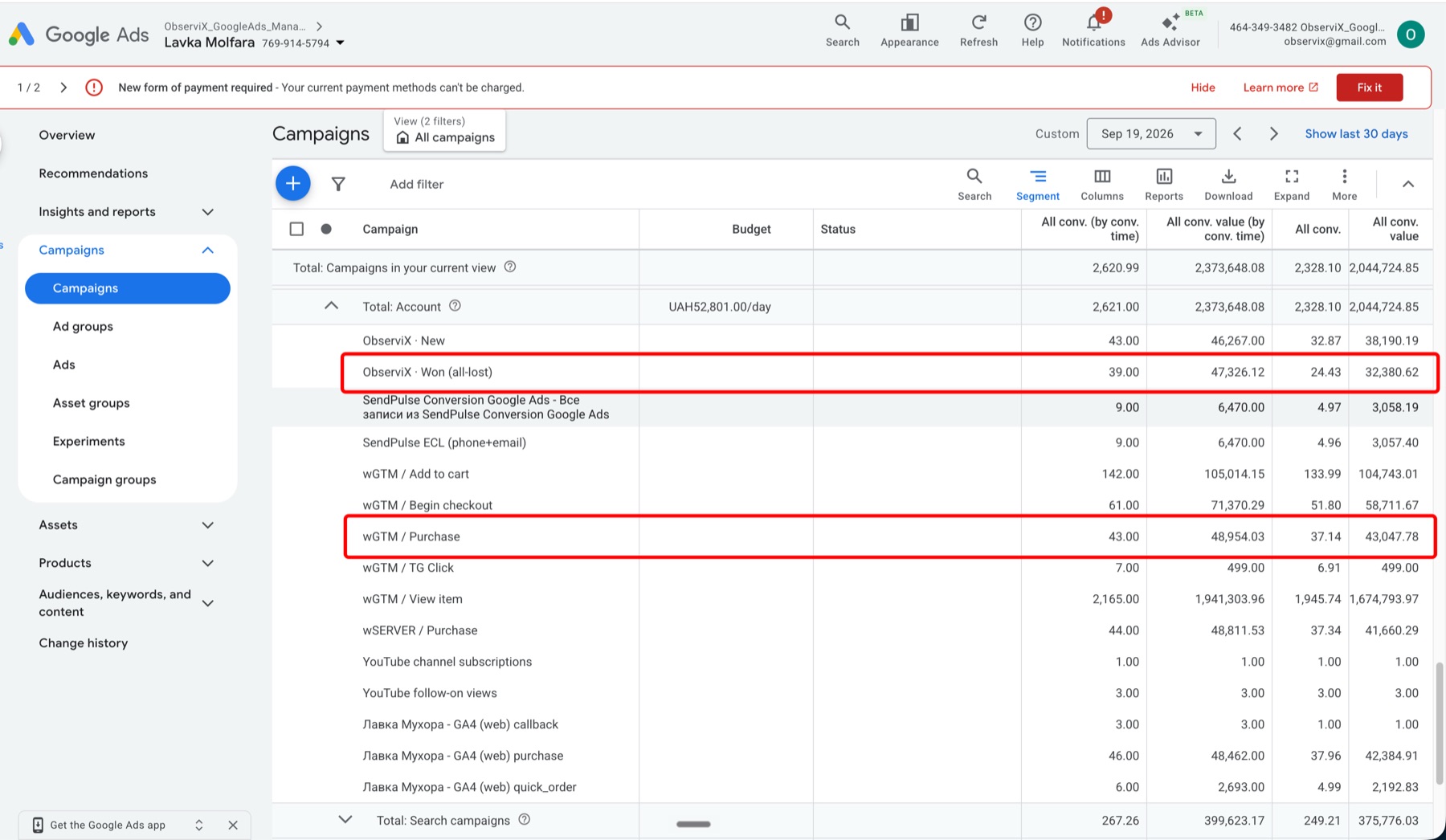 Google Ads, Субота 19.09: сегмент Conversion action