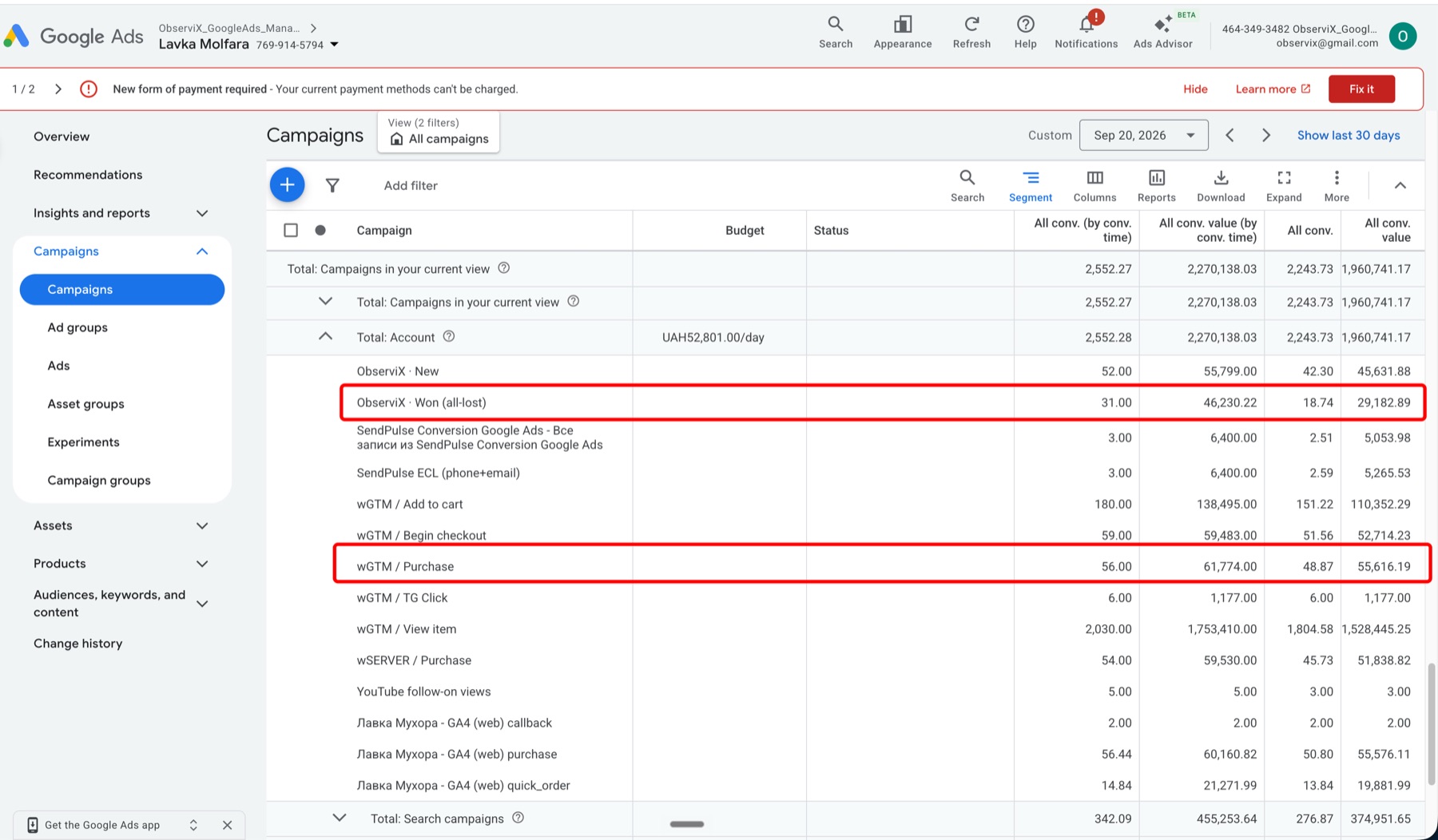 Google Ads, Неділя 20.09: сегмент Conversion action