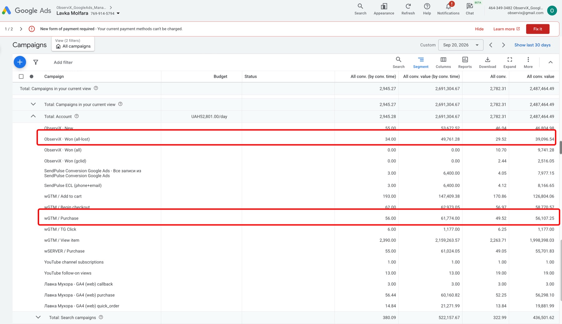 Google Ads, Неділя 20.09: сегмент Conversion action