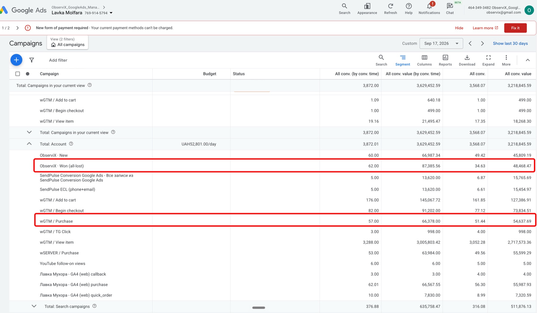 Google Ads, Четвер 17.09: сегмент Conversion action