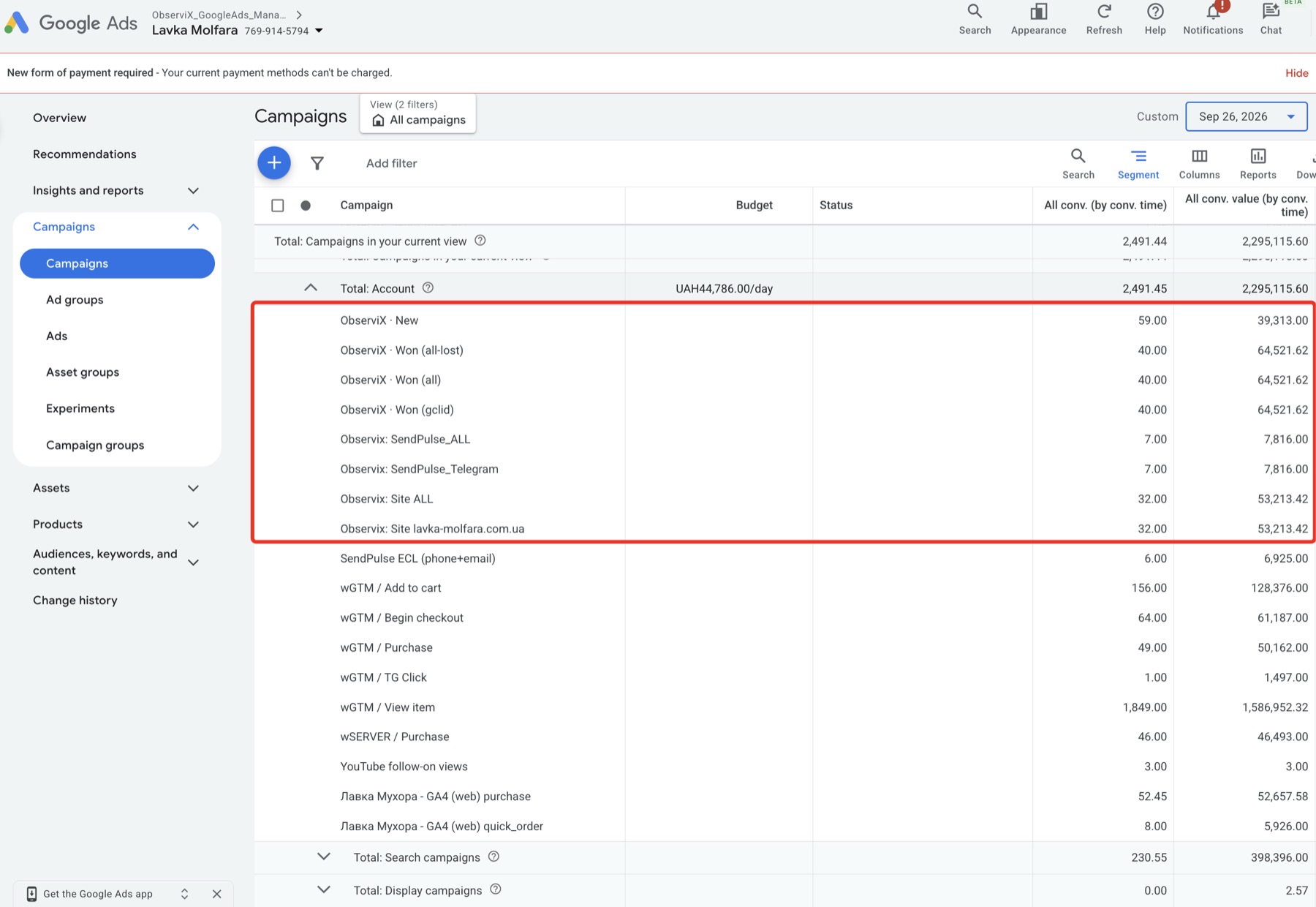 Google Ads, Субота 26.09: сегмент Conversion action