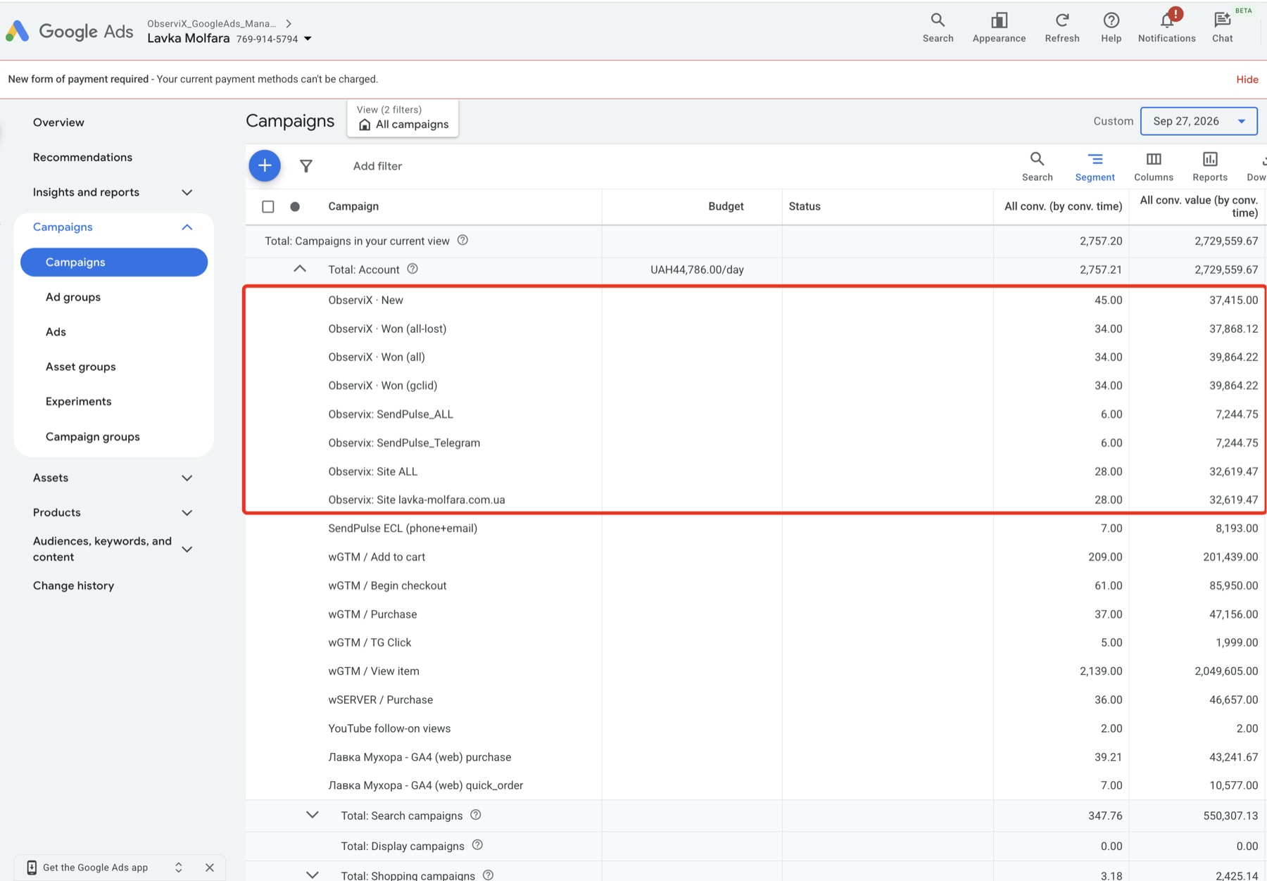 Google Ads, Неділя 27.09: сегмент Conversion action